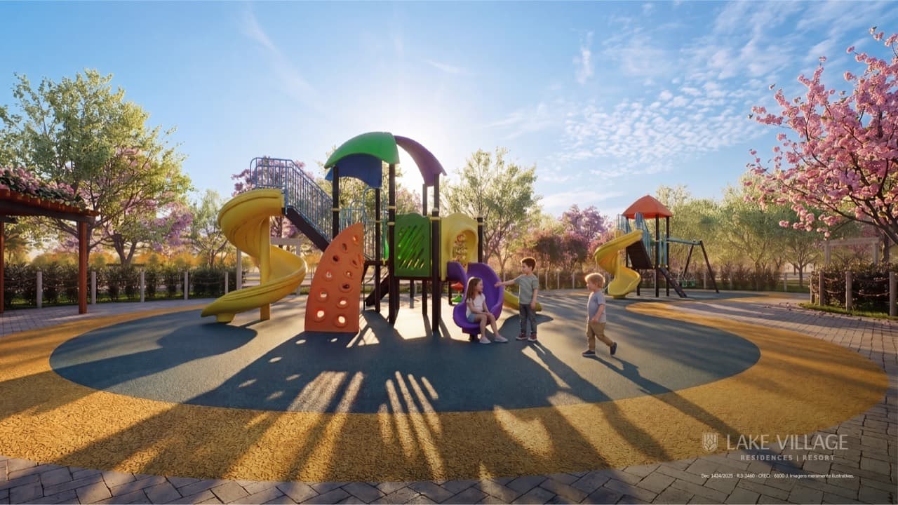 Playground infantil com brinquedos coloridos e paisagismo