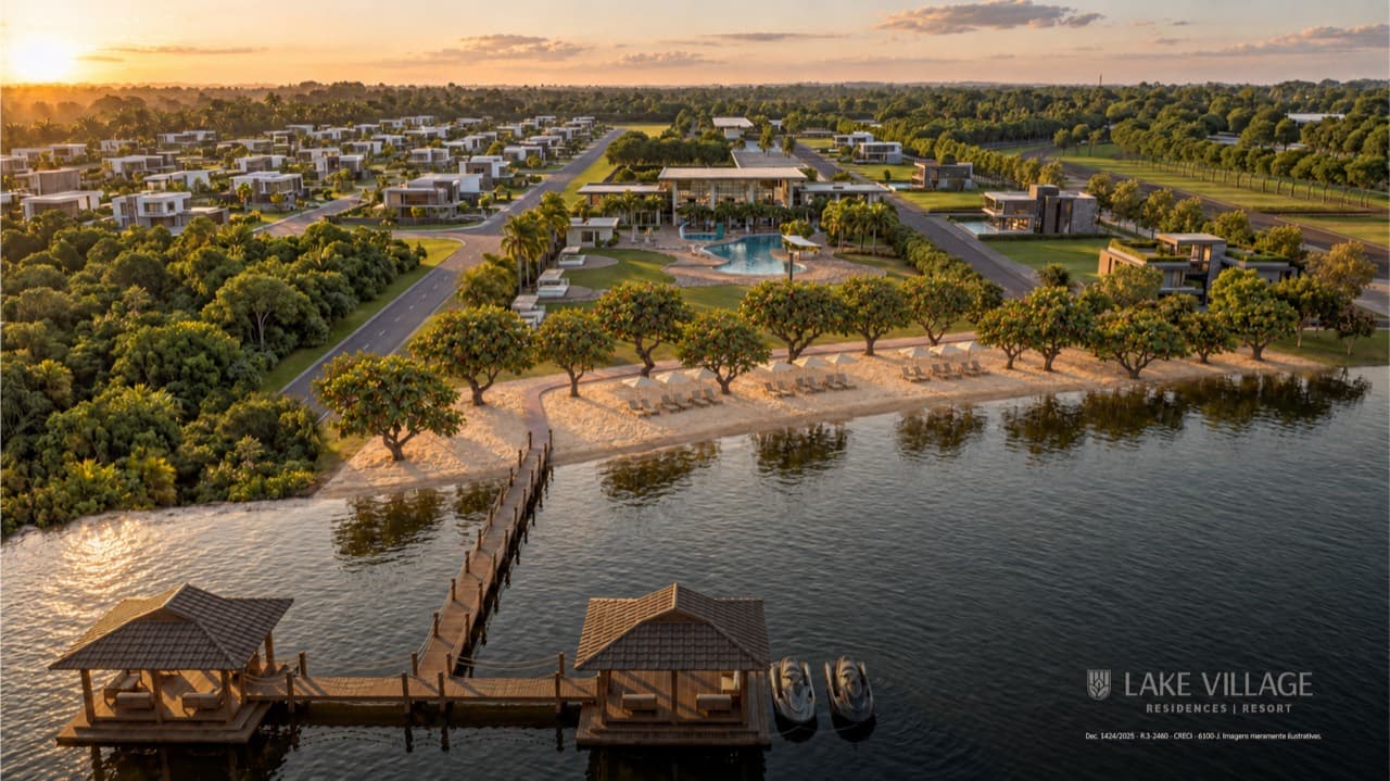 Vista aérea do resort, da praia e do lago junto ao Lake Village