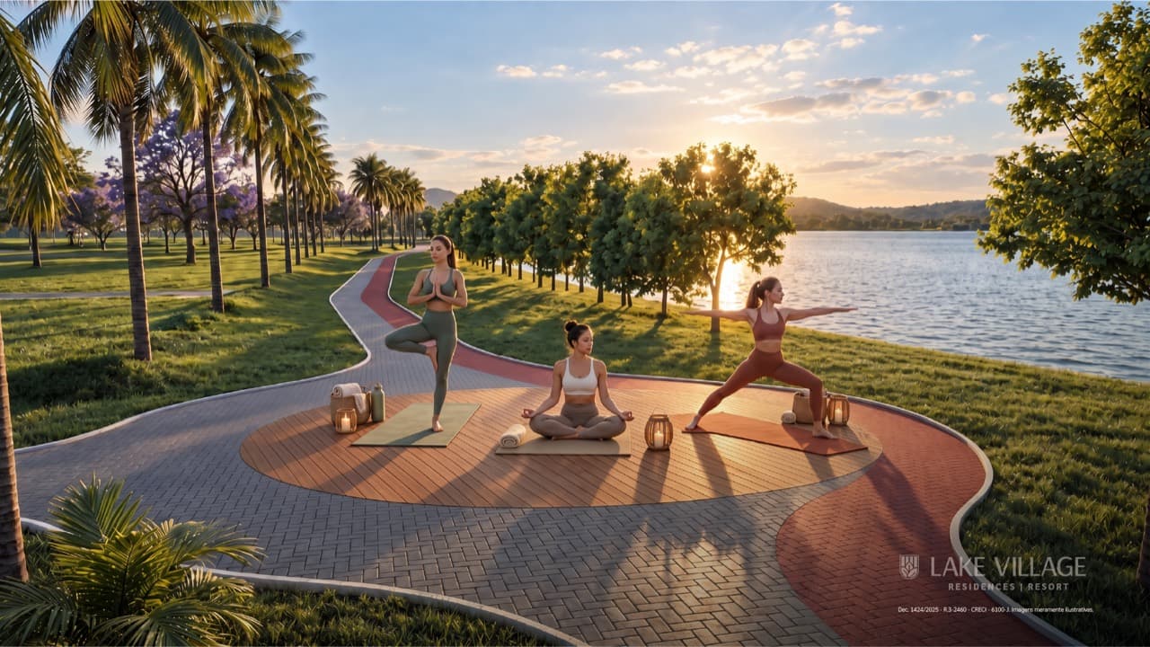 Espaço de yoga e meditação junto ao lago, cercado por palmeiras