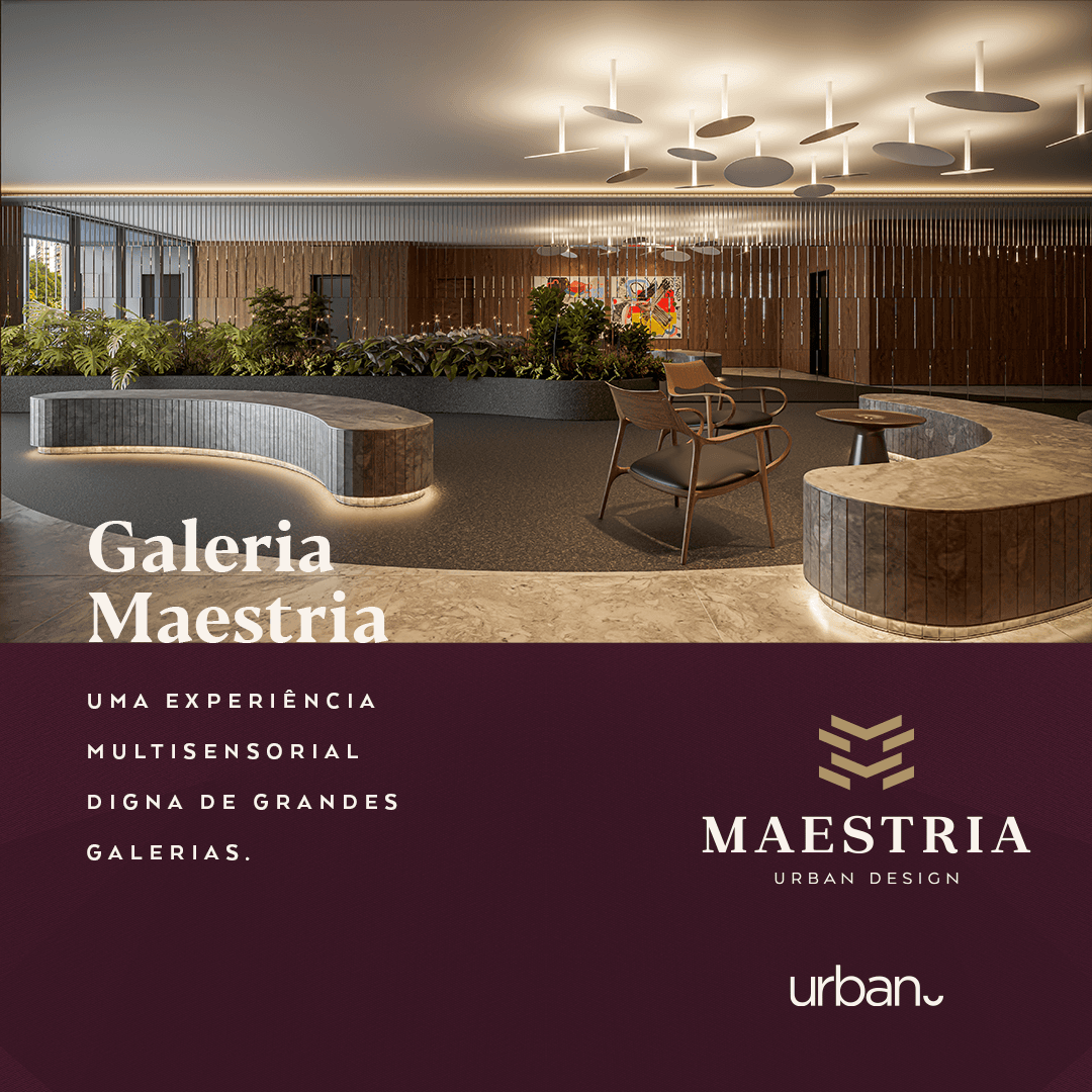 Galeria Maestria com iluminação intimista e vegetação tropical