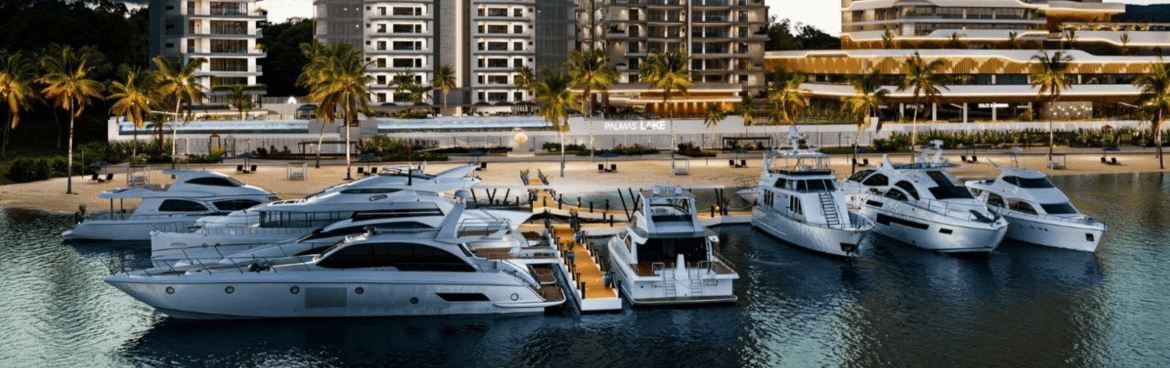 Marina do Palmas Lake com embarcações e praia privativa ao fundo
