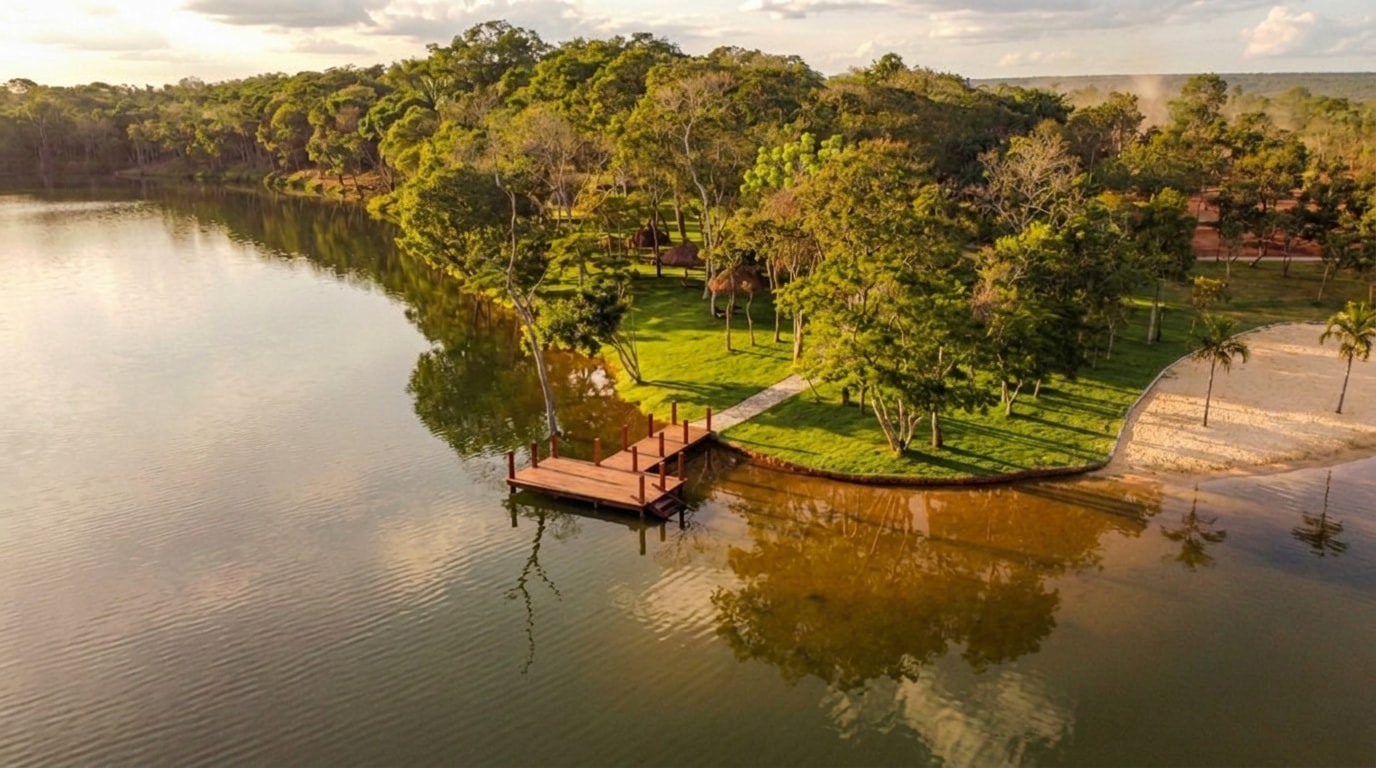 Píer junto ao lago e à área verde do condomínio